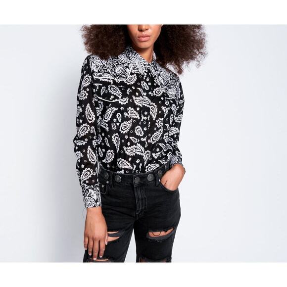 One‎ Teaspoon Hand Batik Paisley Western Shirt - Black NWT Size XS - Picture 5 of 11